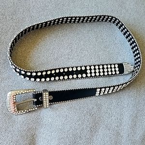 Vintage Rhinestone Leather Belt Large Rivetted